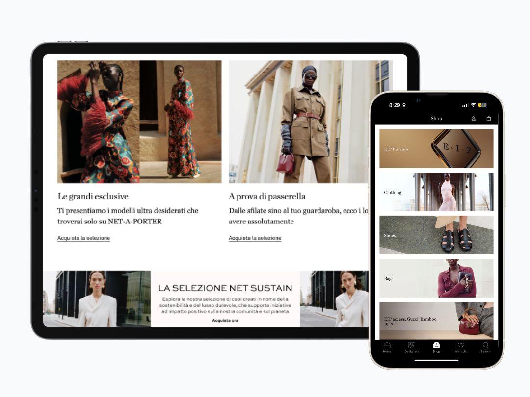 NET-A-PORTER Italian shop by on tablet and shop navigation on mobile