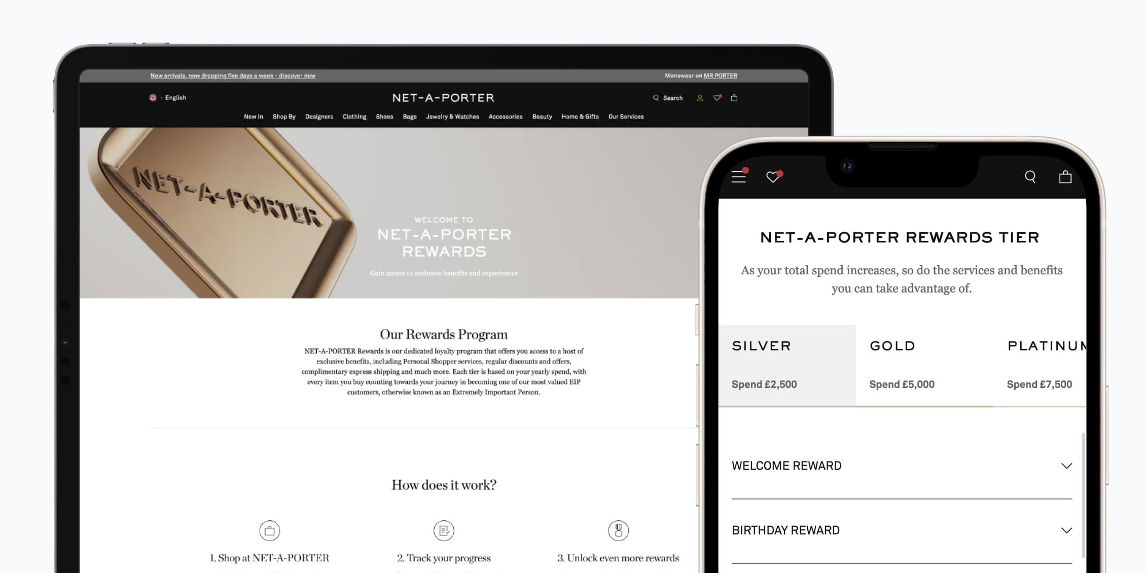 NET-A-PORTER Rewards Program on tablet and mobile